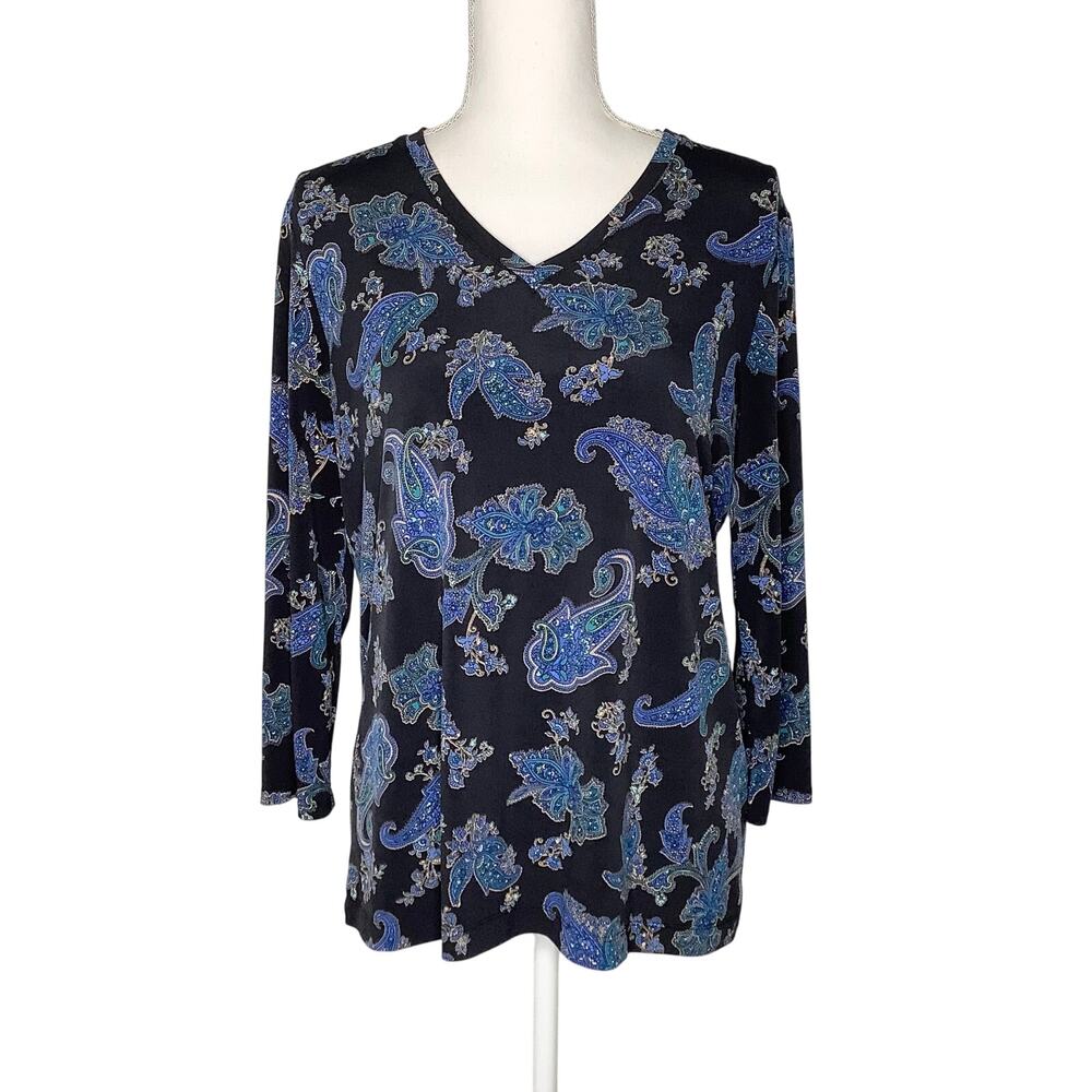 White Stag Blue Black Floral Paisley V-Neck Jersey Blouse Top Medium